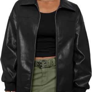 Womens Leather Jackets Oversized Zip Up Faux Bomber Coats