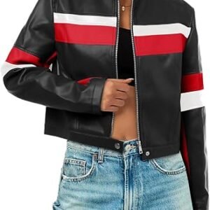 Womens Cropped Moto Biker Jackets Faux Leather Bomber Jacket Color Block Vintage Racing Coats