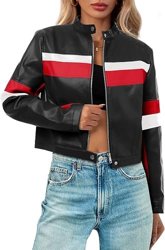 Womens Cropped Moto Biker Jackets Faux Leather Bomber Jacket Color Block Vintage Racing Coats