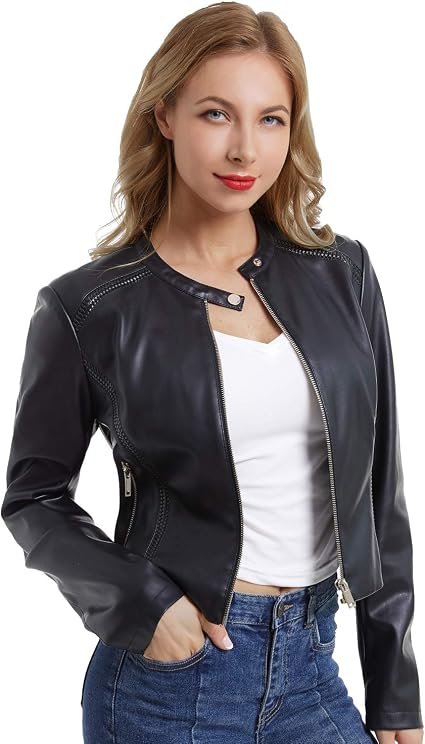 Faux Leather Jacket Women Cropped Motorcycle Biker